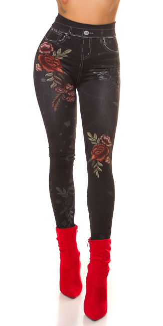 jeanslook leggings met bloemen-print zwart
